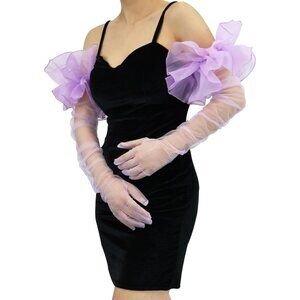 Women's Ruffle Purple Tulle Puff Mesh Sheer Long Sleeve Gloves Cocktail Prom
